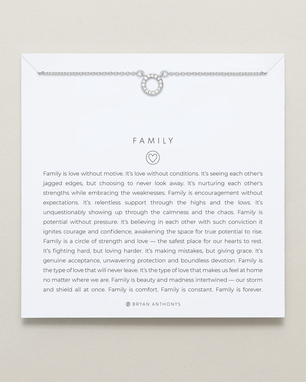 Bryan Anthony Family necklace with crystal circle pendant and inspirational family quote card