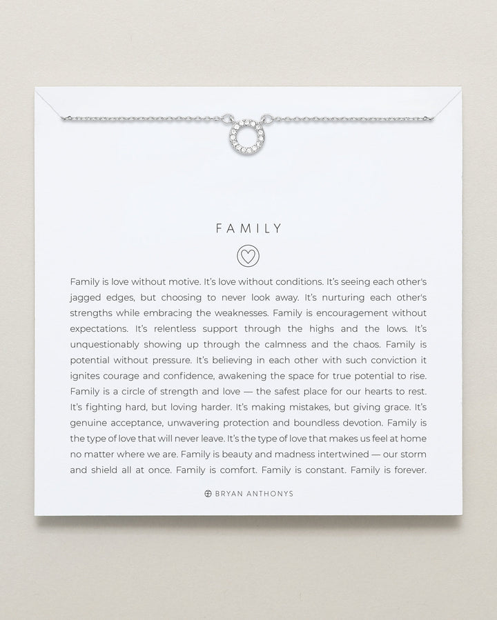 Bryan Anthony Family necklace with crystal circle pendant and inspirational family quote card
