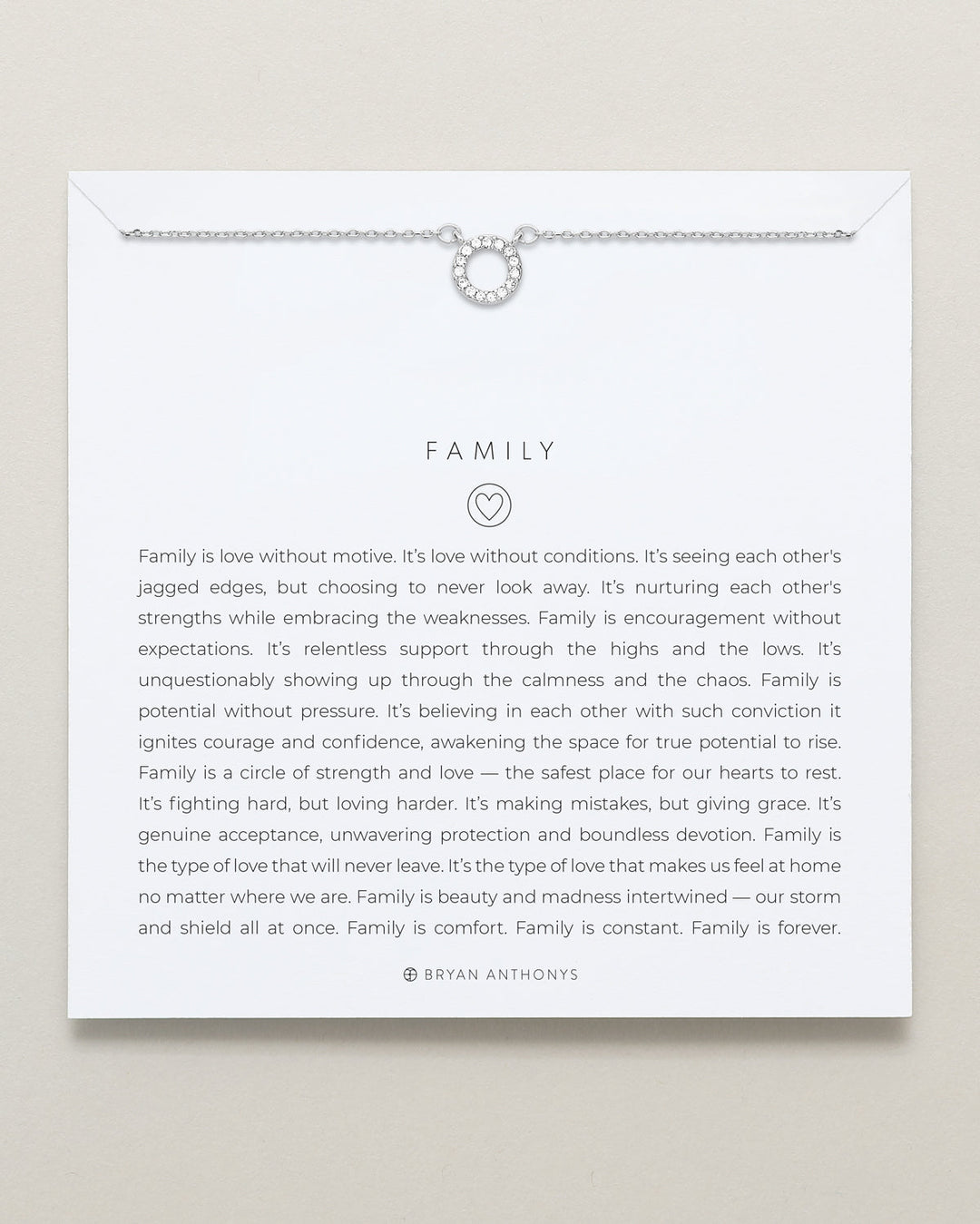 Bryan Anthonys Family silver necklace with circular crystal pendant on inspirational card