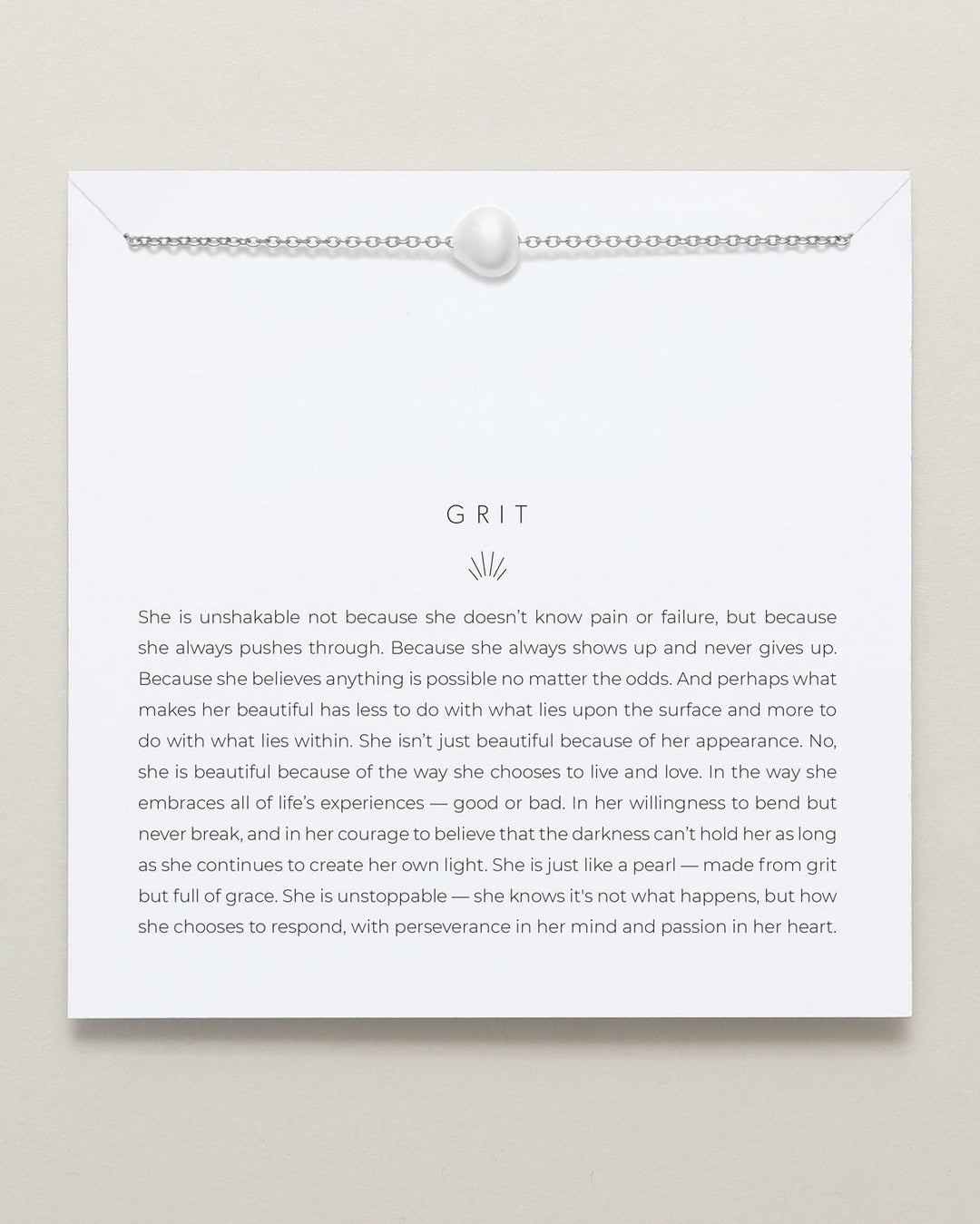 Bryan Anthony Grit necklace with pearl pendant and inspirational card packaging