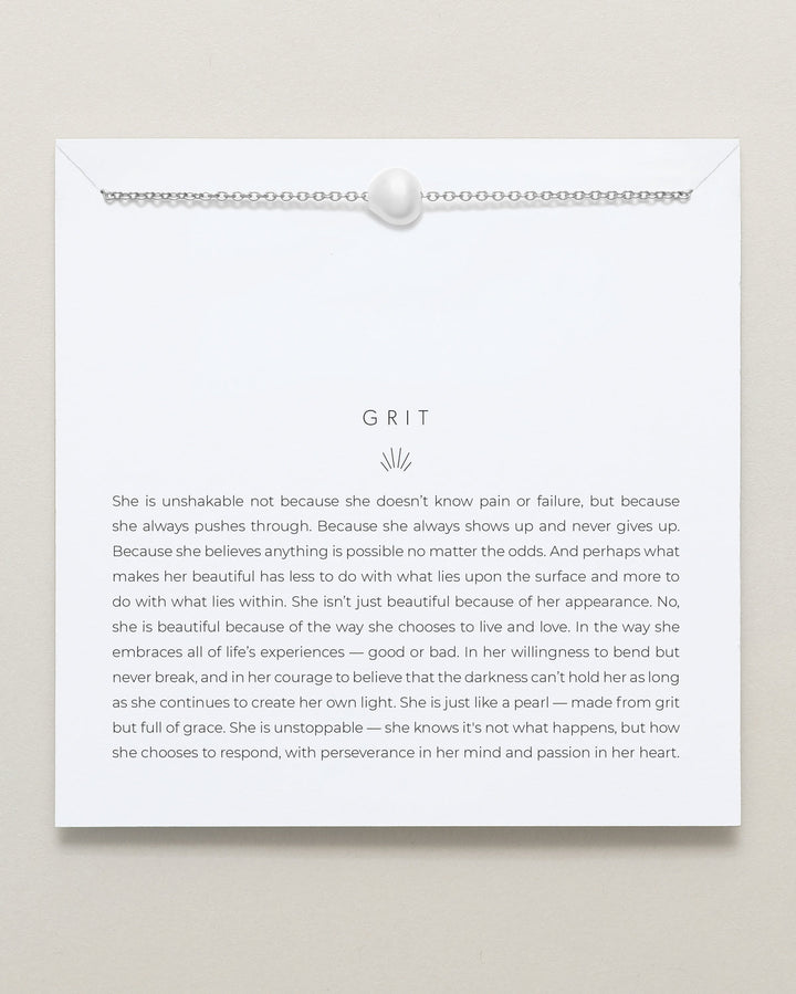 Bryan Anthony Grit necklace with pearl pendant and inspirational card packaging