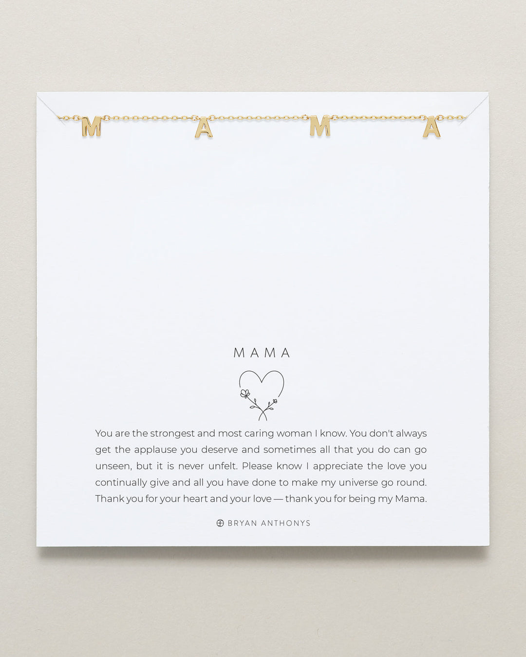 Bryan Anthonys gold MAMA letter charm necklace with heartfelt message card