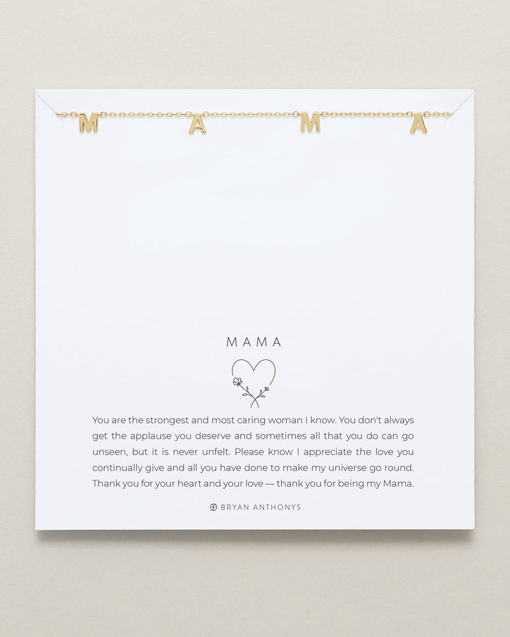 Bryan Anthonys gold MAMA letter charm necklace with heartfelt message card