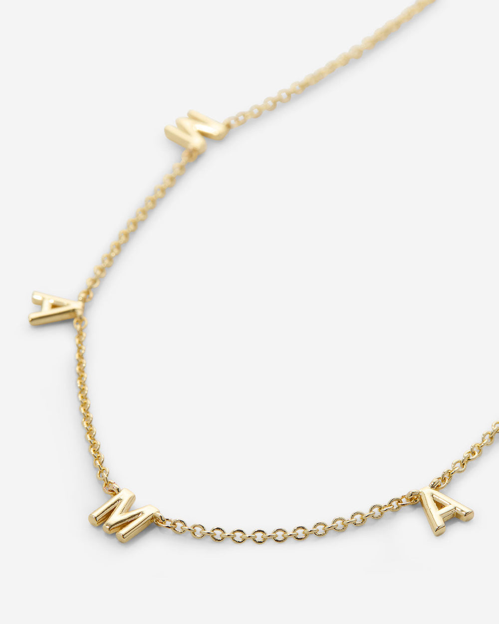 Gold chain necklace with MAMA letter charms on white background