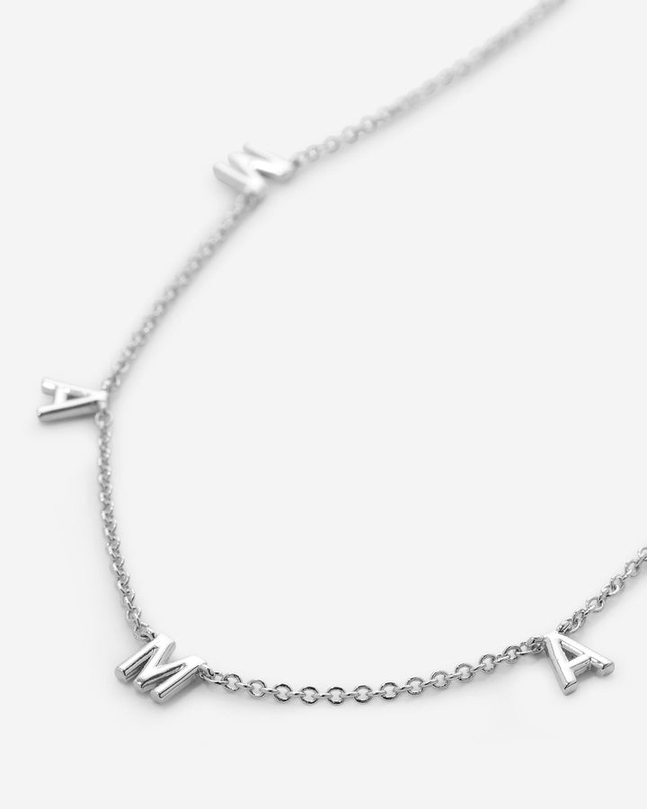 Silver chain necklace with individual letter charms spelling MAMA