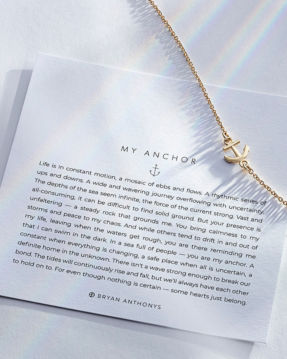 Bryan Anthonys My Anchor gold necklace with anchor pendant and inspirational card