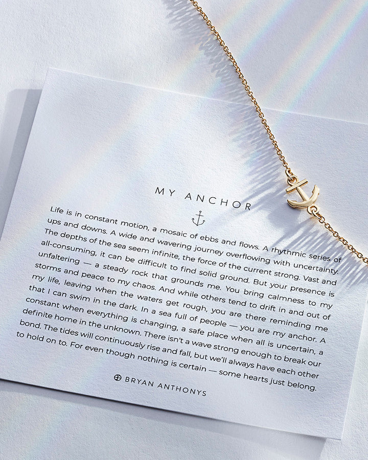 Bryan Anthonys My Anchor gold necklace with anchor pendant and inspirational card