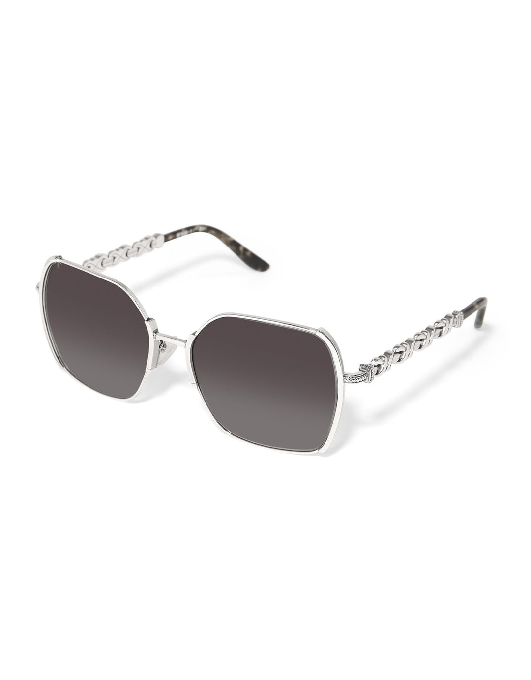 Brighton Interlok Twist Sunglasses with silver chain-link arms and dark gray lenses