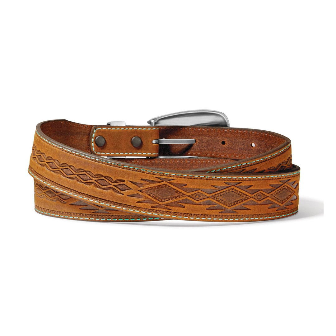 Brighton Dakota leather belt in tan brown with embossed geometric pattern and turquoise stitching
