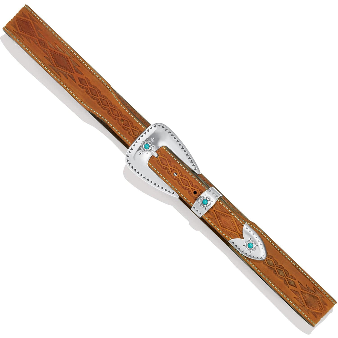 Brighton Dakota brown leather belt with silver Western buckle and turquoise stone accents