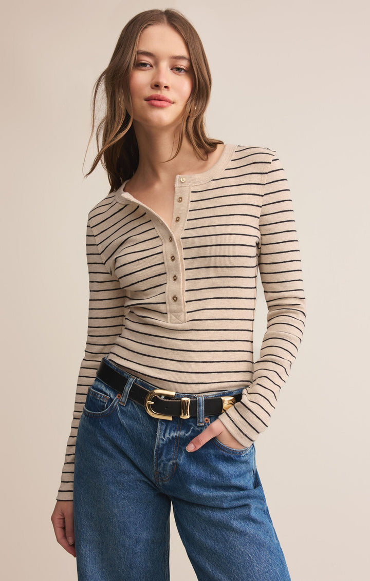 Z Supply: Eve Stripe Henley Long Sleeve in Light Oatmeal Heather