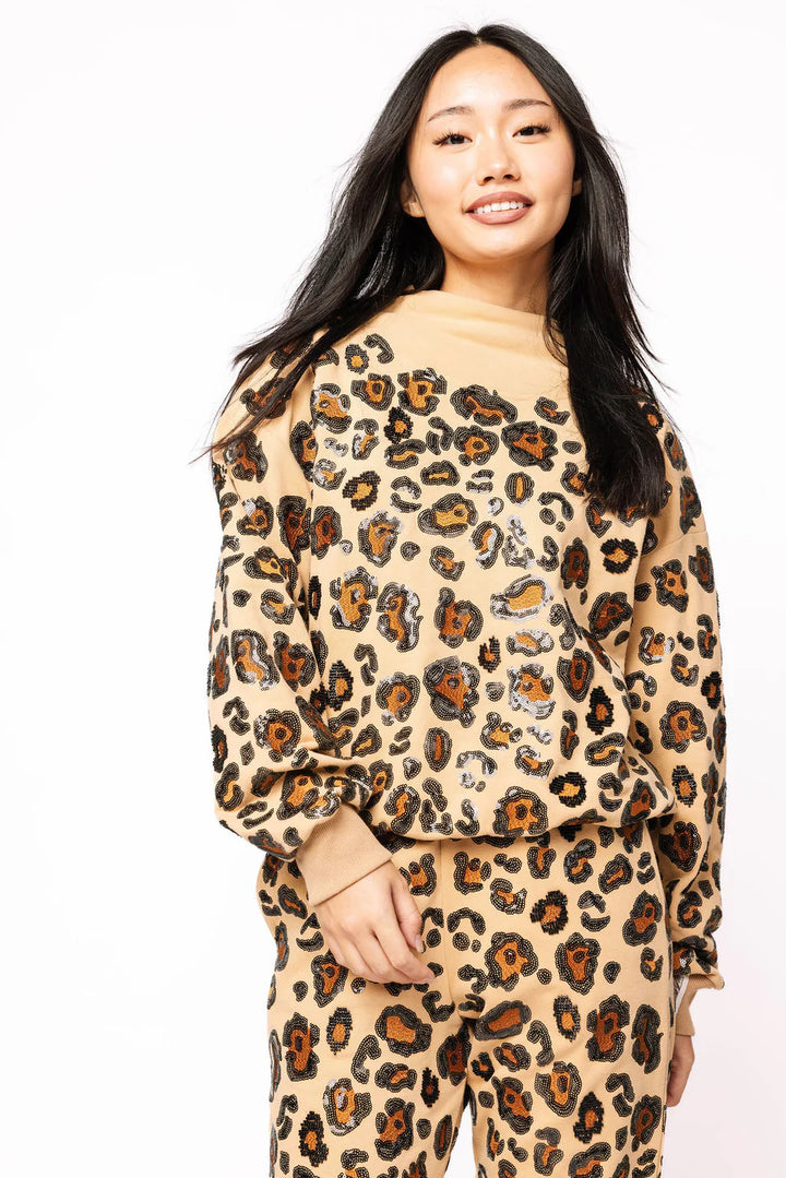 Queen of Sparkles: Tan, Brown, & Black Leopard Mock Neck Sweatshirt