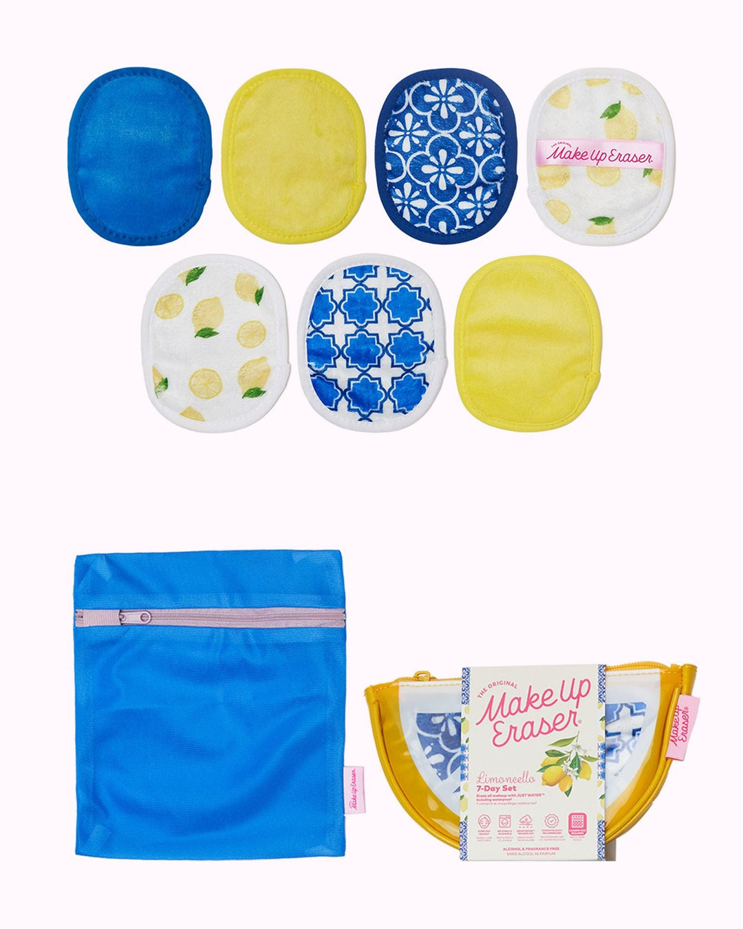 MakeUp Eraser Limoncello 7-Day Set with blue and yellow cloths, lemon patterns, and carrying bag