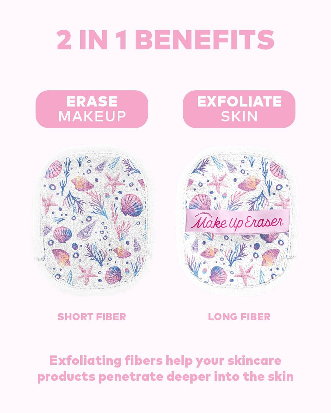 Makeup Eraser cloths with seashell ocean pattern showing dual-sided makeup removal benefits