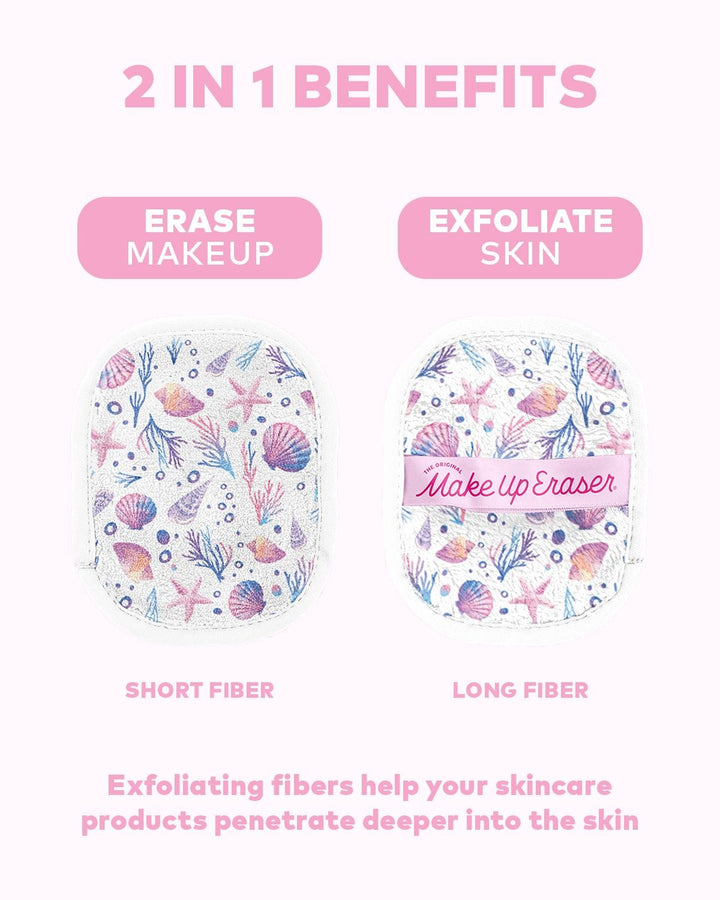 Makeup Eraser cloths with seashell ocean pattern showing dual-sided makeup removal benefits