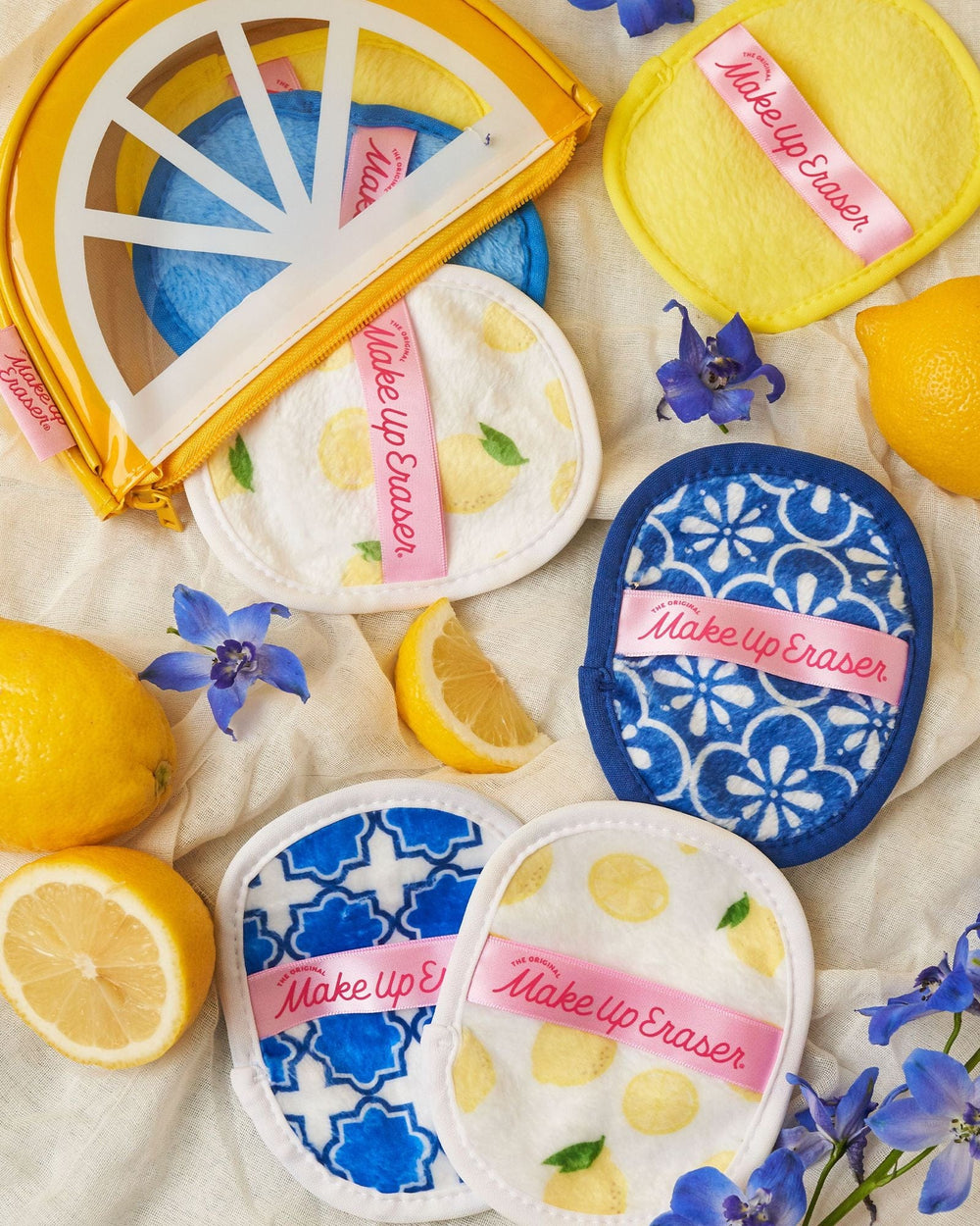 Limoncello makeup eraser set with blue white patterns, lemon prints, yellow bag