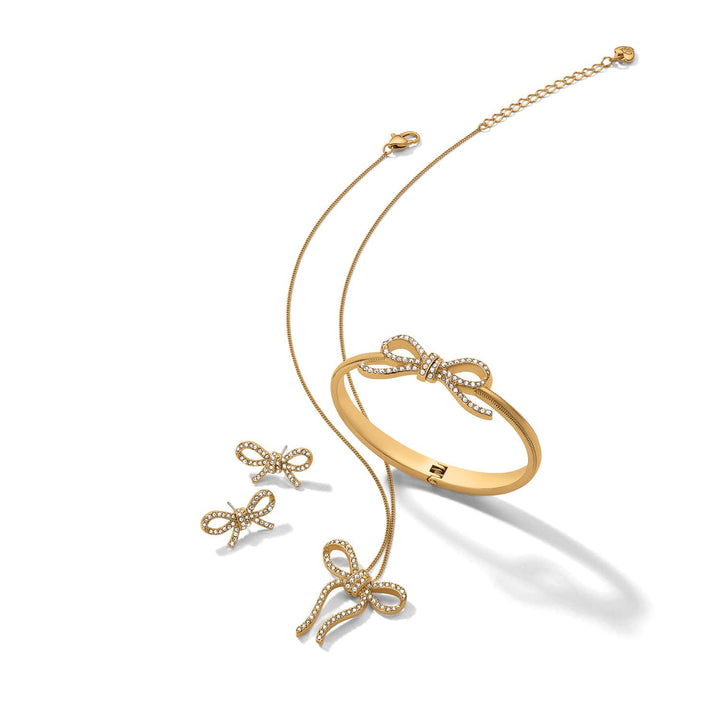 Brighton Illumina Bow gold hinged bangle with matching bow earrings and pendant necklace set
