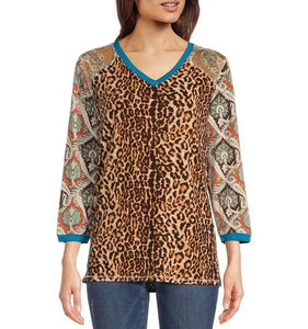 Tru Luxe: V-Neck Mixed Print Knit Top