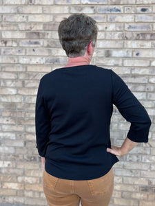 French Dressing Jeans: 3/4 Sleeve Scoop Neck Top Baby Rib in Black