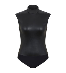 Spanx: Leather Mock Neck Bodysuit in Luxe black