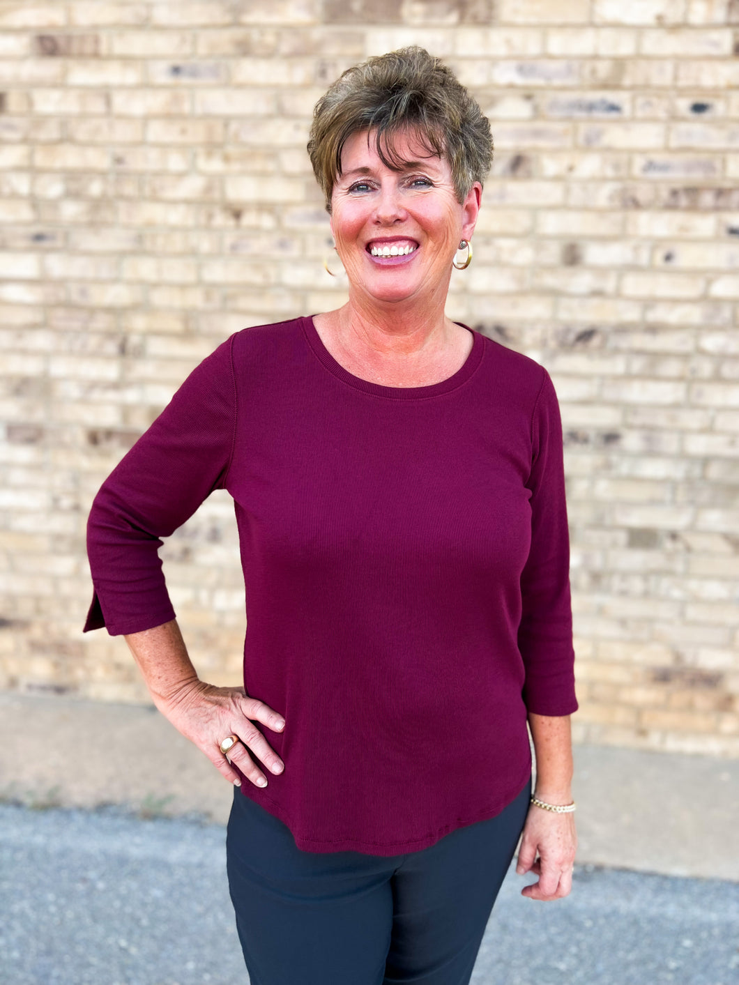 French Dressing Jeans: 3/4 Sleeve Scoop Neck Top Baby Rib in Cabernet