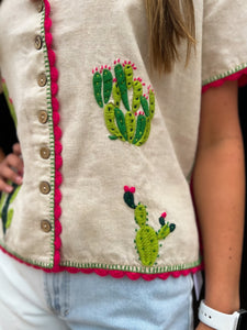 Sister Mary: Embroidered Cactus Cream Top