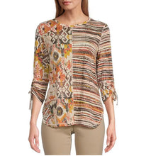 Load image into Gallery viewer, Multiples: Drawstring 3/4 Sleeve Scoop Neck Print Knit Top
