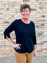 Load image into Gallery viewer, French Dressing Jeans: 3/4 Sleeve Scoop Neck Top Baby Rib in Black
