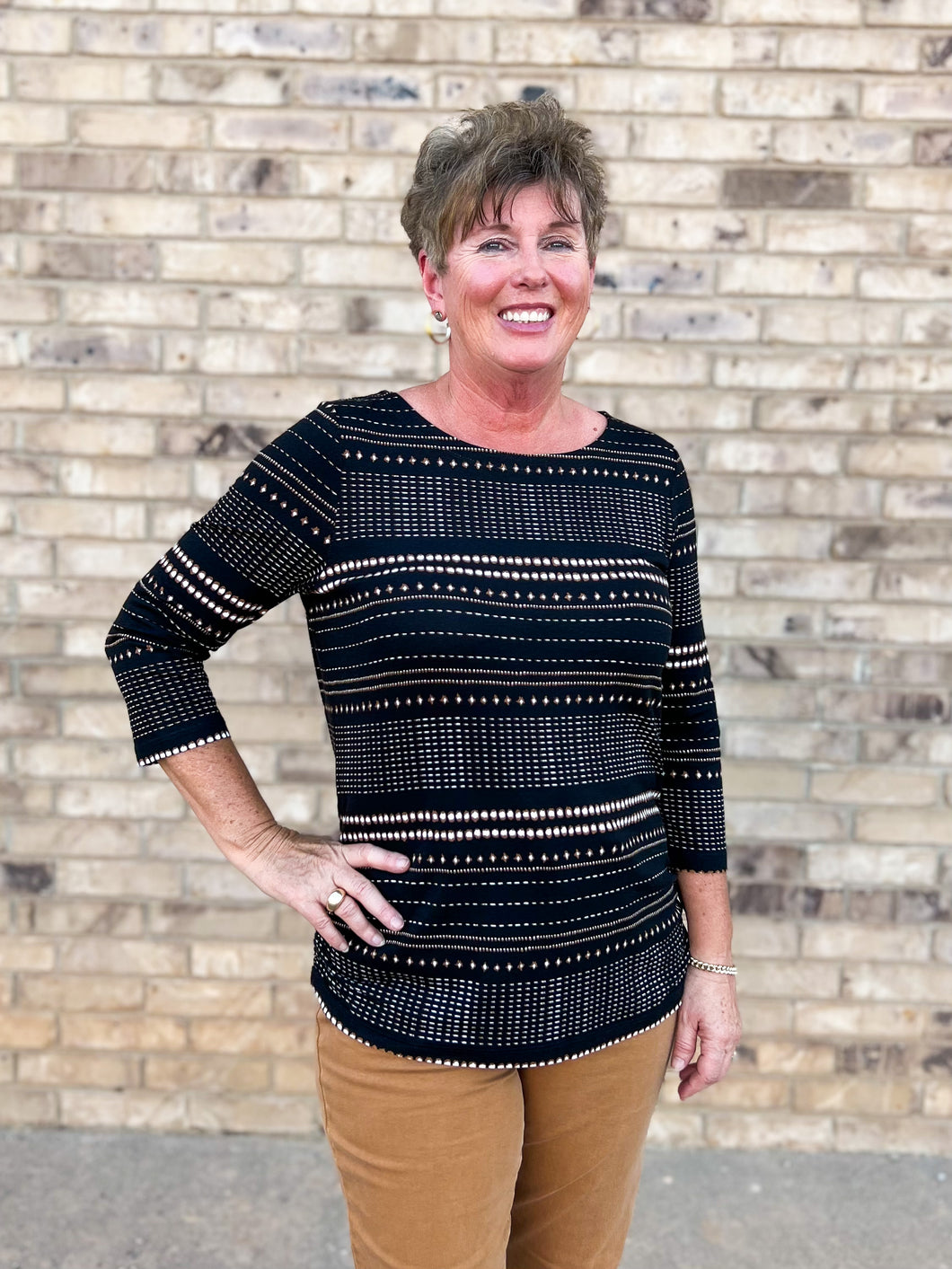 French Dressing Jeans: Shibori Crepe Jersey 3/4 Sleeve Top in Black