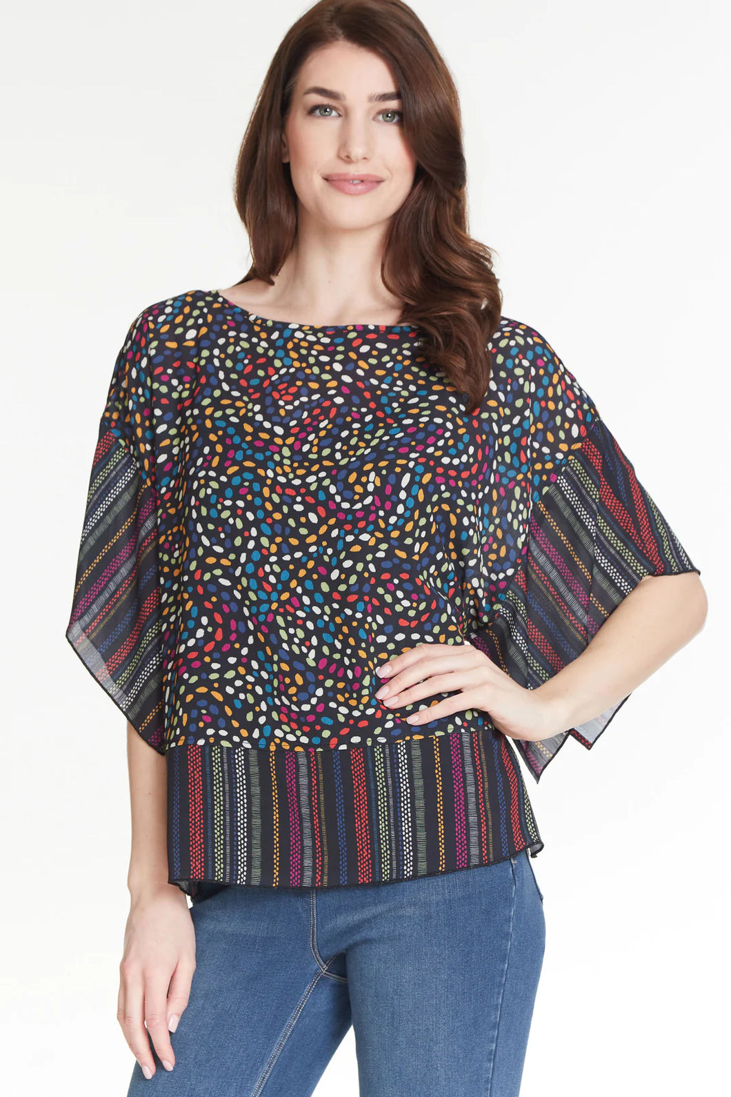Multiples: Short Sleeve Multi Print Crinkle Poncho Top & Solid Knit Cami