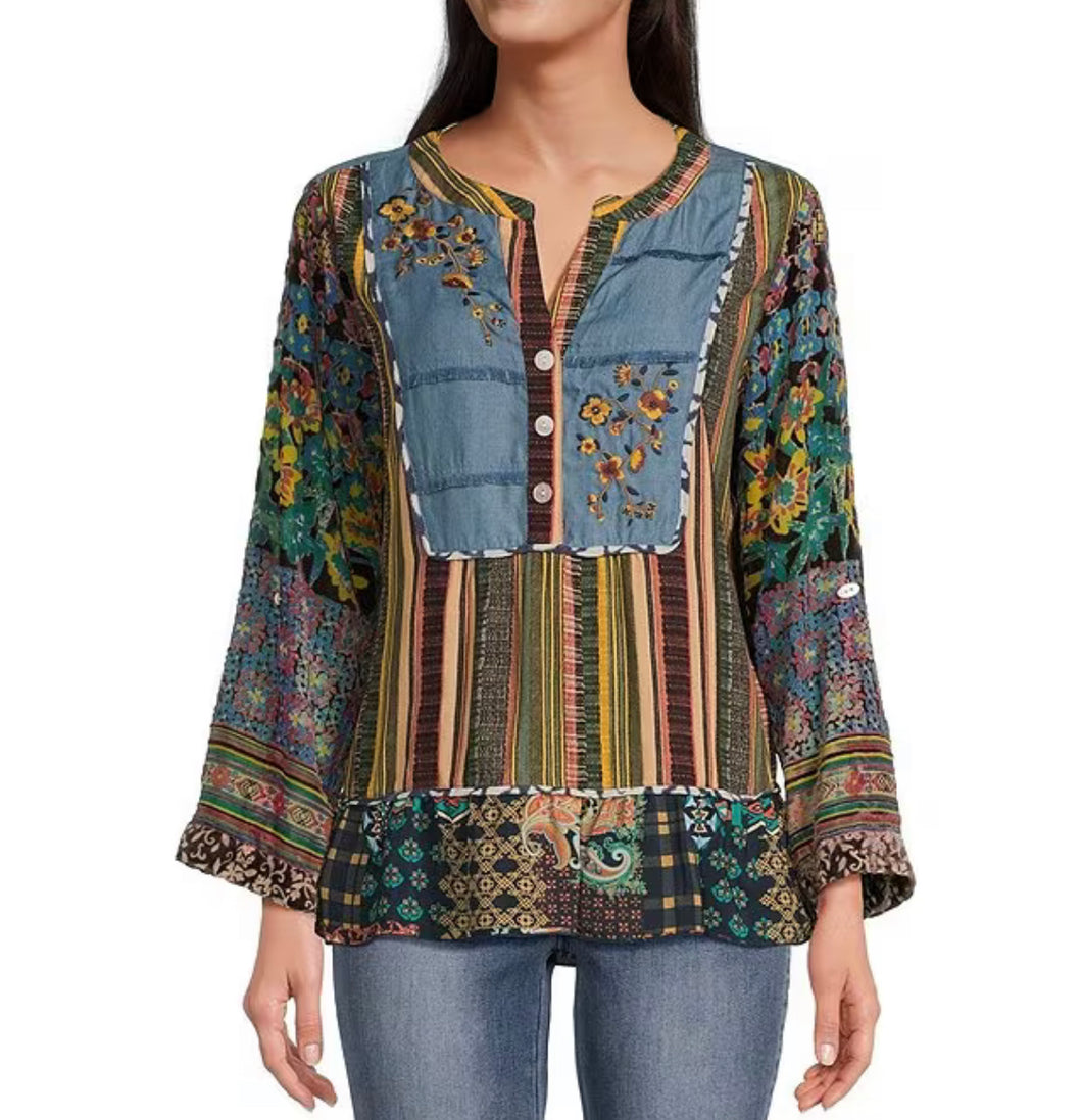 John Mark: Embroidered Mix Print Button Up Tunic