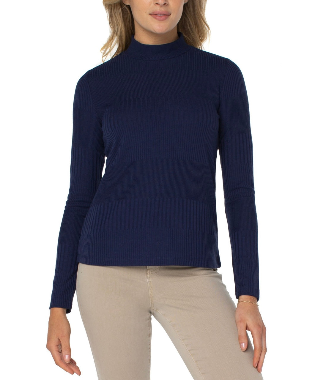 Liverpool: Mock Neck Long Sleeve Rib Knit Top in Peacoat