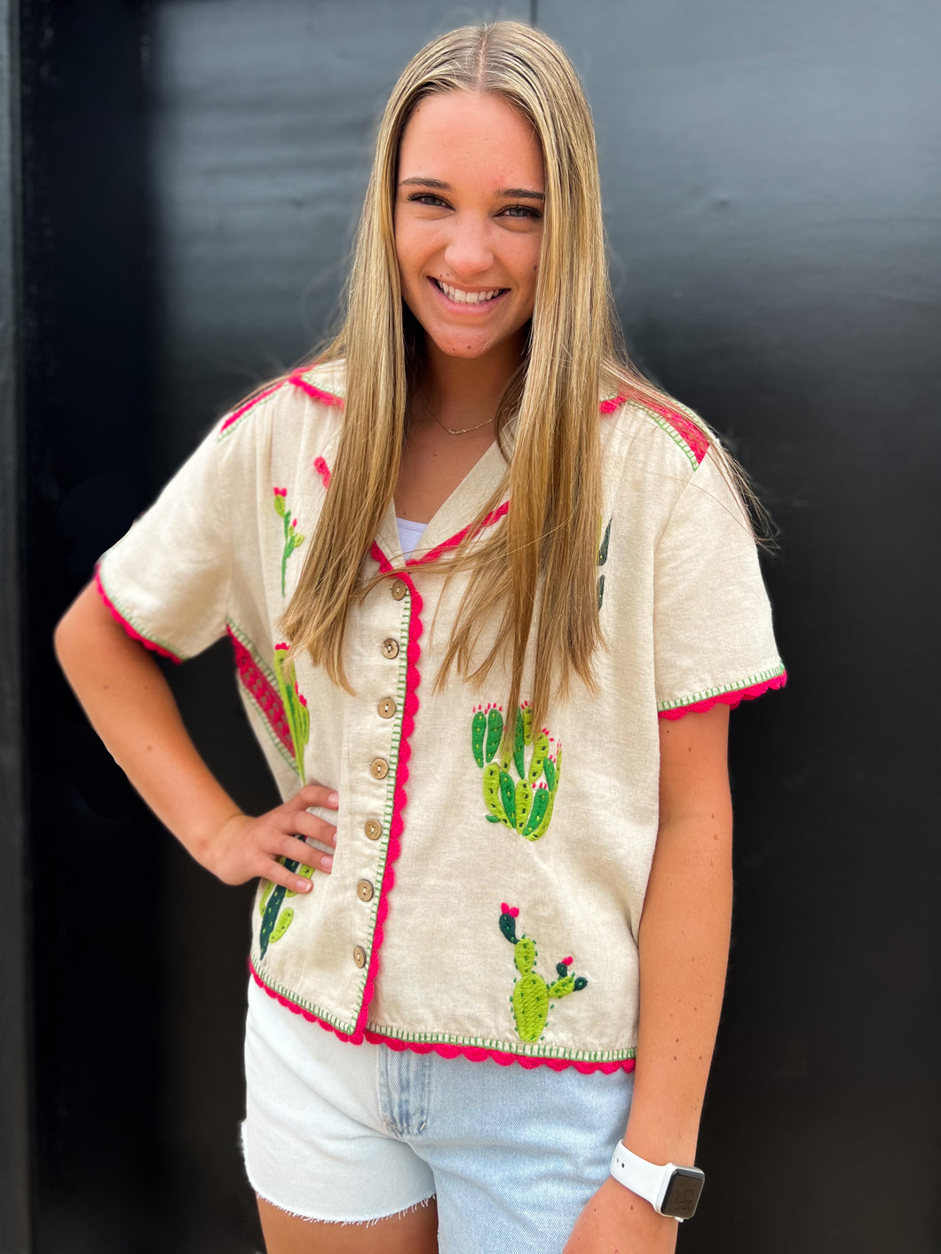 Sister Mary: Embroidered Cactus Cream Top
