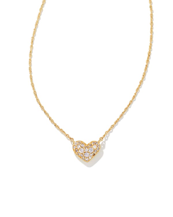 Kendra Scott Ari heart-shaped necklace pendant with pave white crystals on gold chain