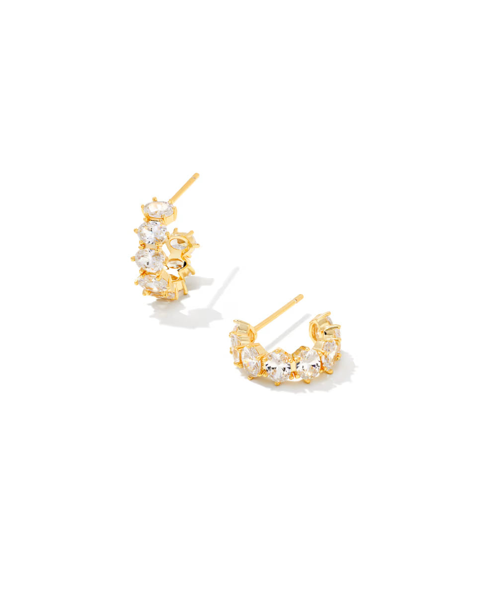 Kendra Scott: Cailin Gold Crystal Huggie Earrings in White Crystal