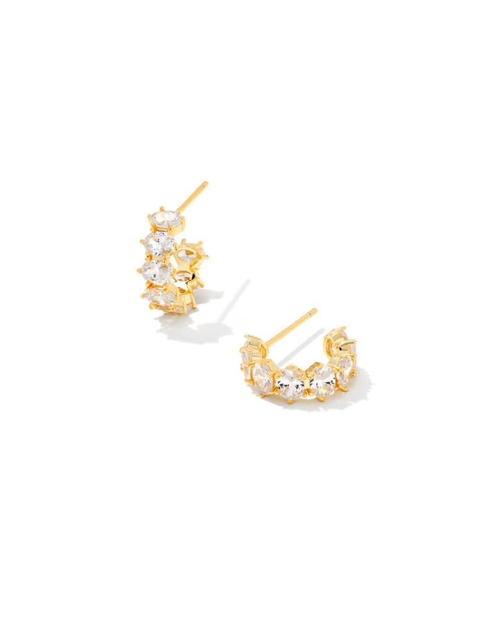 Kendra Scott: Cailin Gold Crystal Huggie Earrings in White Crystal