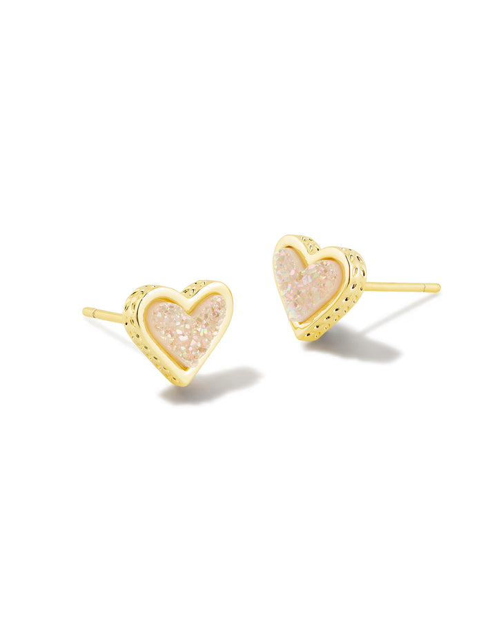 Kenda: Framed Ari Heart Gold Stud Earrings in Iridescent Drusy (686)