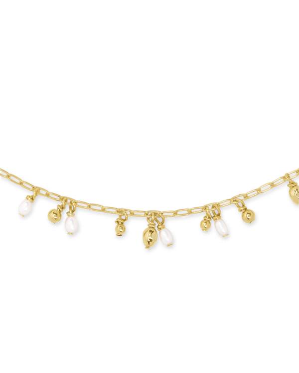 Kendra Scott Mollie gold chain choker necklace with white pearl and gold charm dangles