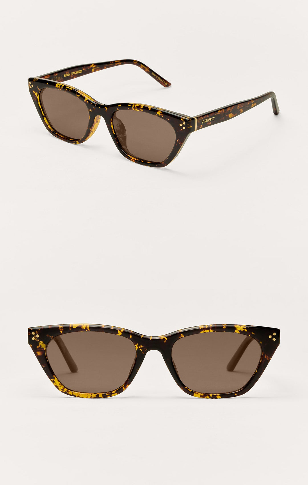 Z Supply Midnite polarized sunglasses in brown tortoise with brown lenses, two views
