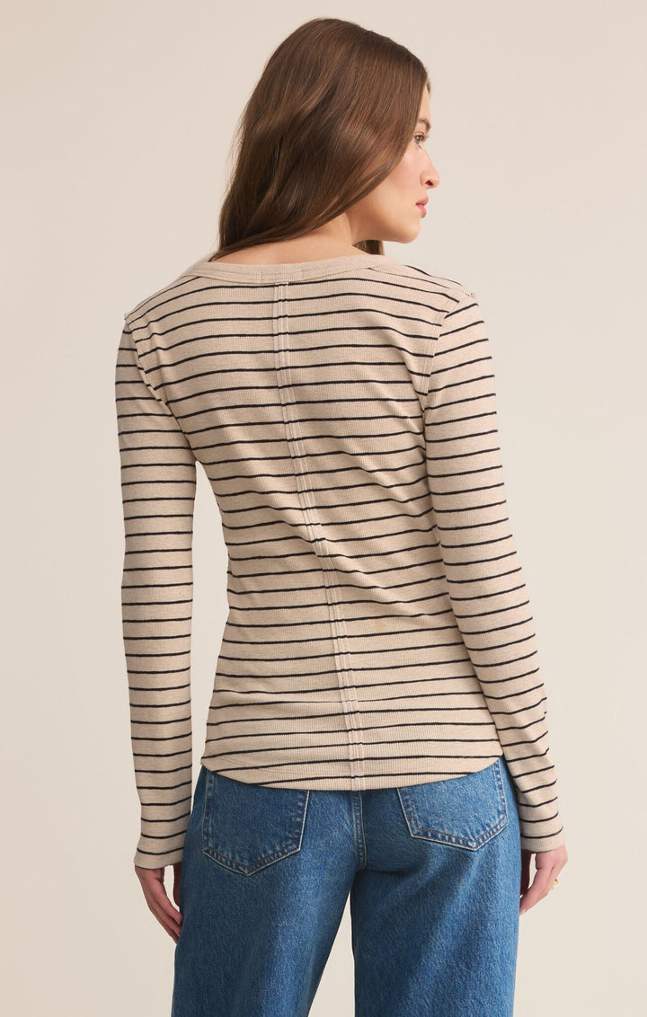 Z Supply: Eve Stripe Henley Long Sleeve in Light Oatmeal Heather