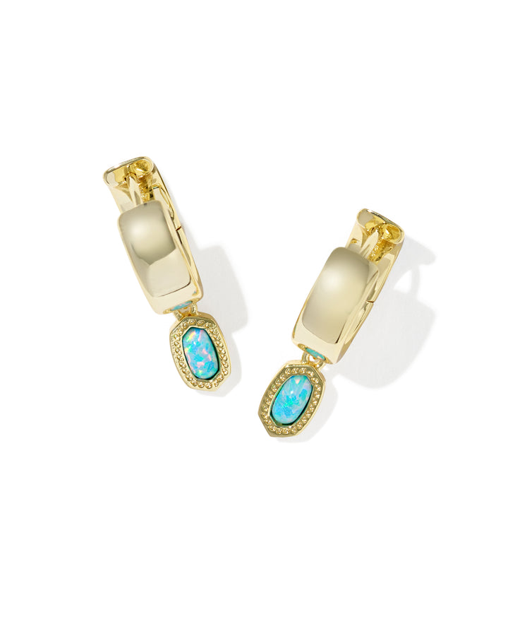 Kendra Scott: Mini Ellie Wide Huggie Earrings in Gold Blue Lab Grown Opal