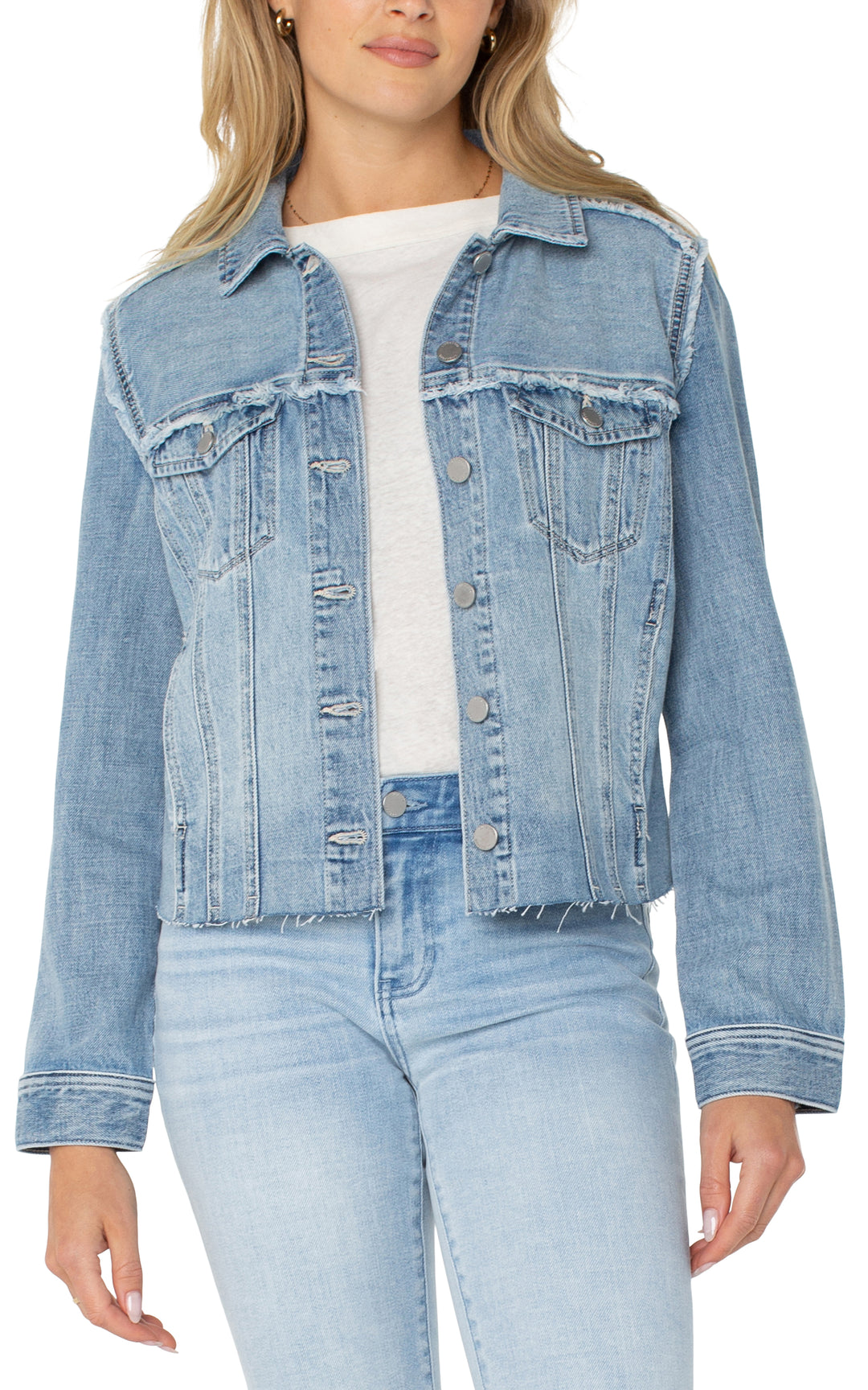 Liverpool: Multi Fray Trucker Jacket in Newport Bay