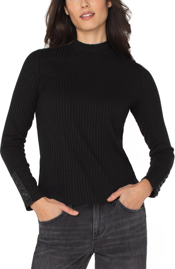 Liverpool: Long Sleeve Mock Neck Knit Top W/ Buttons in Black