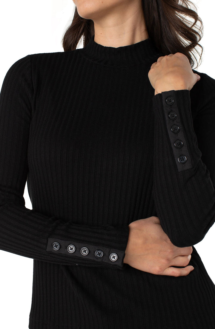 Liverpool: Long Sleeve Mock Neck Knit Top W/ Buttons in Black
