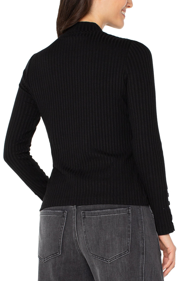 Liverpool: Long Sleeve Mock Neck Knit Top W/ Buttons in Black