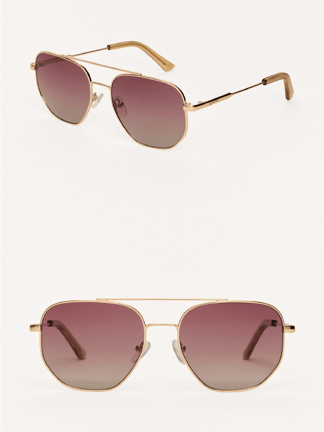 Z Supply Highway sunglasses in rose gold with gradient pink polarized lenses, two angles shown
