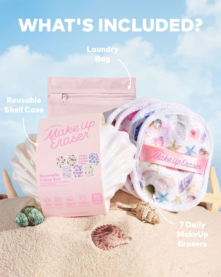 Makeup Eraser Seashells 7-Day Set with reusable shell case and laundry bag on beach