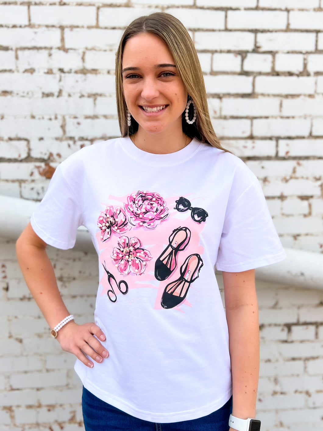 Why Dress: Flowers and Pearl Embellished T-Shirt - TS21061