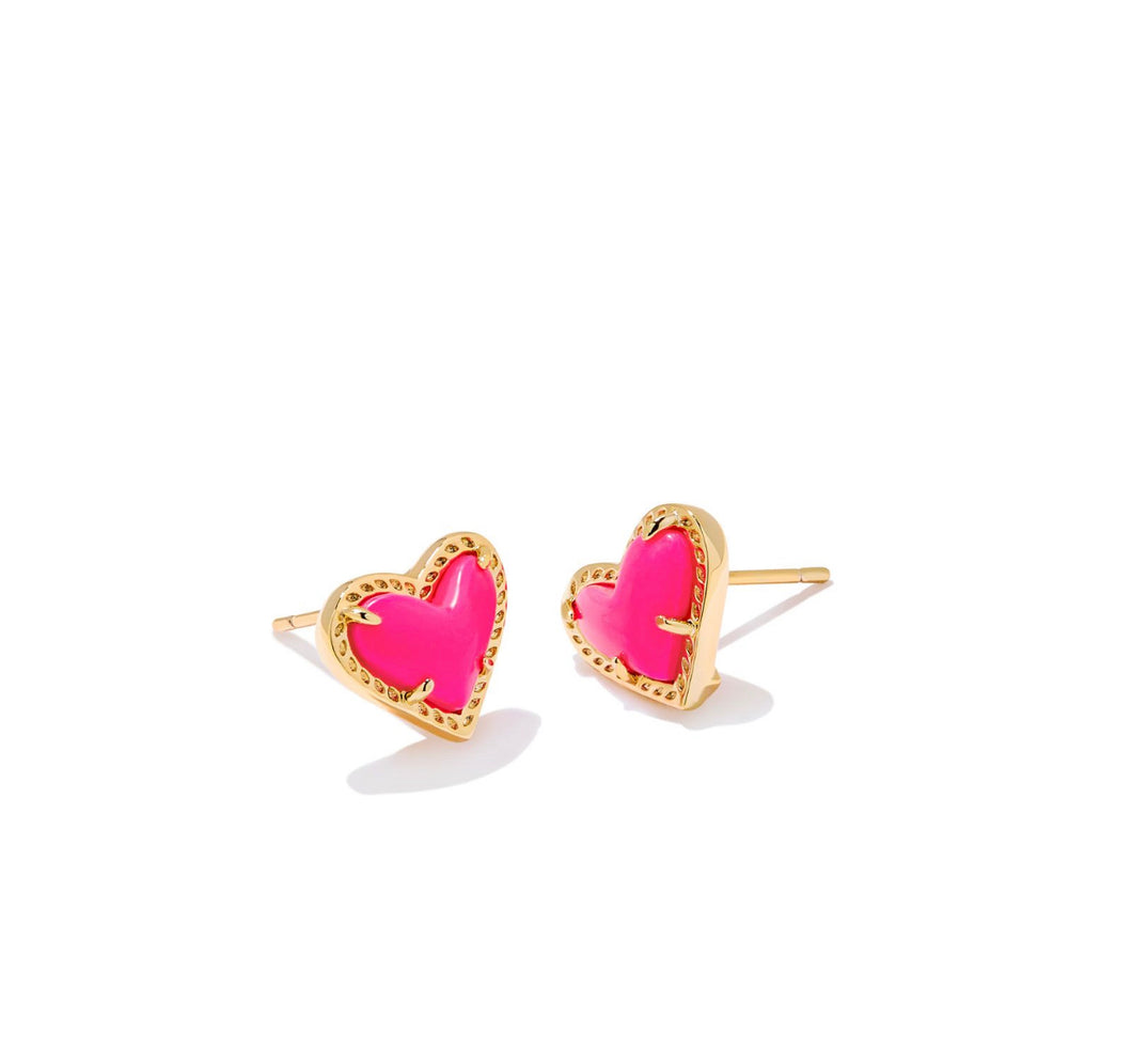 Kendra Scott: Ari Heart Gold Stud Earrings in Neon Pink Magnesite